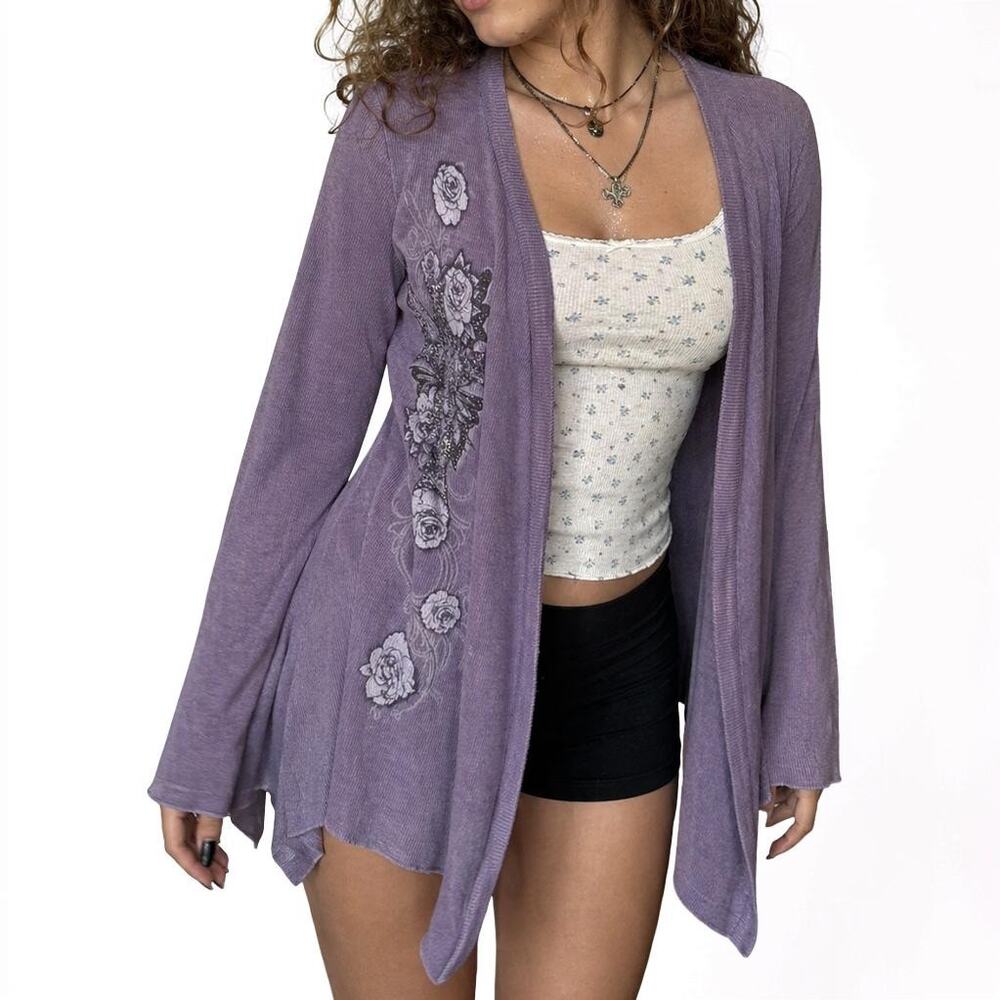Y2K Vocal Purple Rhinestone Butterfly Waffle Knit Cardigan Medium